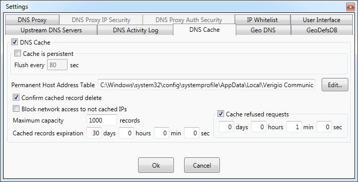 Settings for DNS cache
